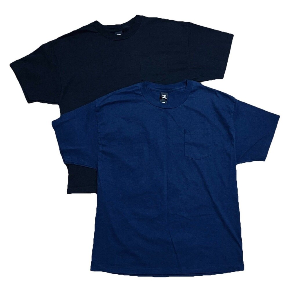 2 Hanes Beefy T Men’s Pocket Tee T-shirt 100% US Grown Cotton Black & Navy XL